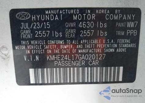 2016 Hyundai Sonata Hybrid Se z USA, uszkodzony, nr VIN KMHE24L17GA020127